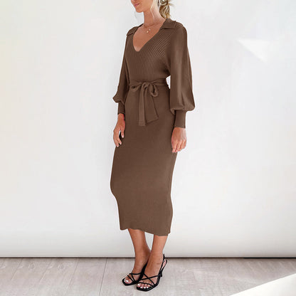 Ribbed Sweater Dress with Lantern Sleeves and Tie-Waist