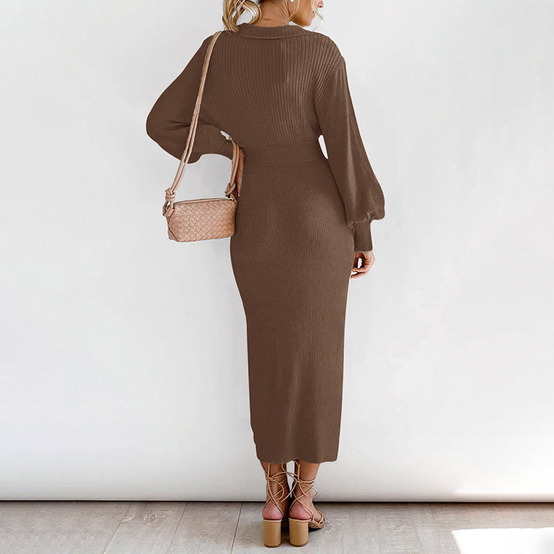 Ribbed Sweater Dress with Lantern Sleeves and Tie-Waist
