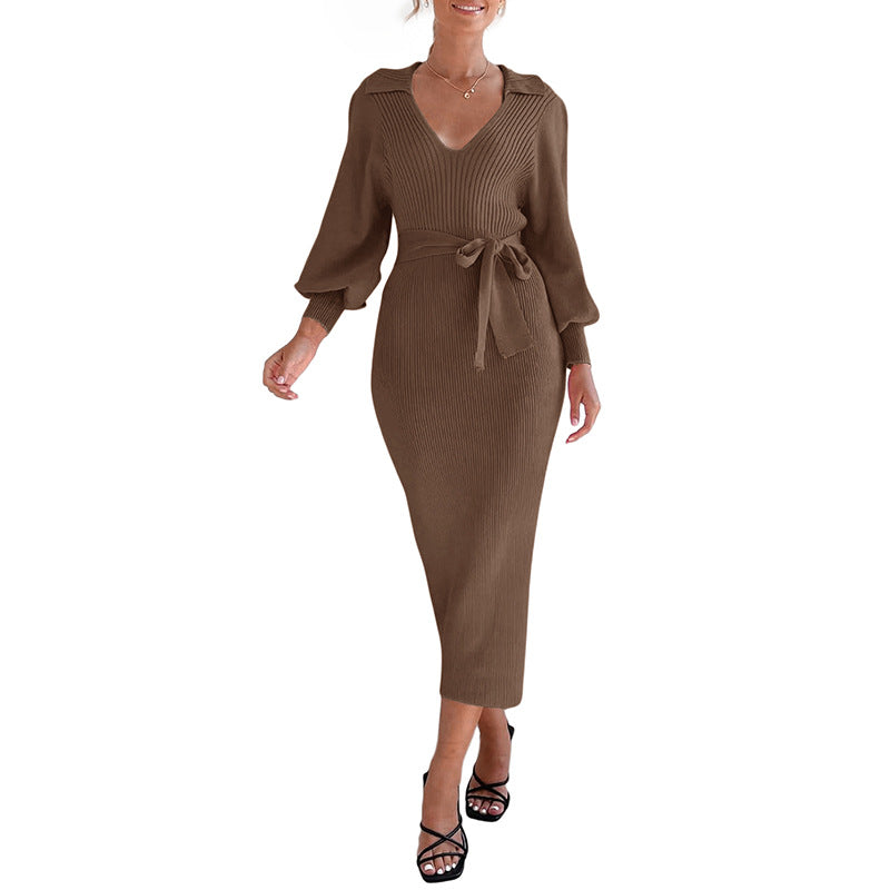 Ribbed Sweater Dress with Lantern Sleeves and Tie-Waist