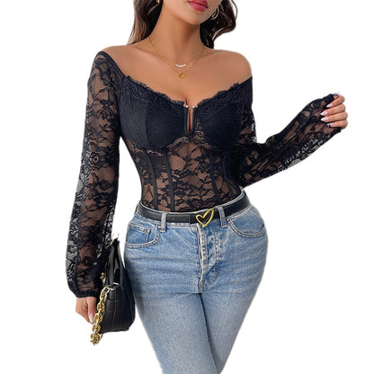 Off-Shoulder Lace Bodysuit with Corset Detail
