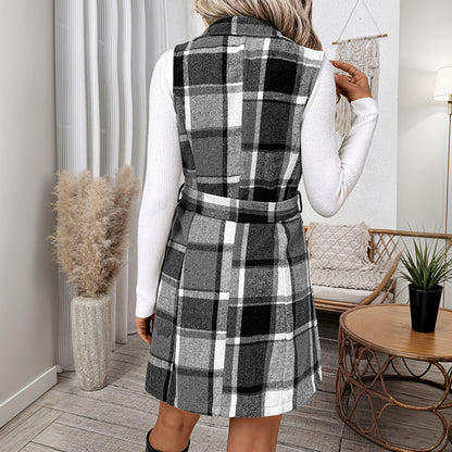 Plaid Long Vest with Lapel Collar and Tie Waist
