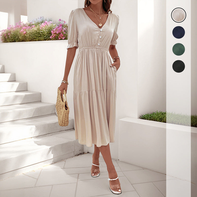A-Line Tiered Midi Dress with V-Neck and Puff Sleeves
