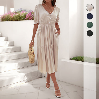 A-Line Tiered Midi Dress with V-Neck and Puff Sleeves