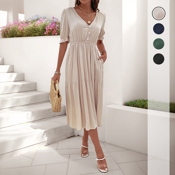 A-Line Tiered Midi Dress with V-Neck and Puff Sleeves