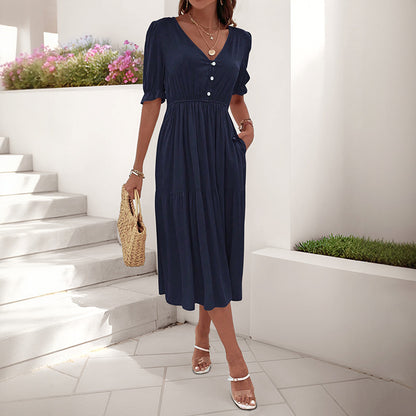 A-Line Tiered Midi Dress with V-Neck and Puff Sleeves