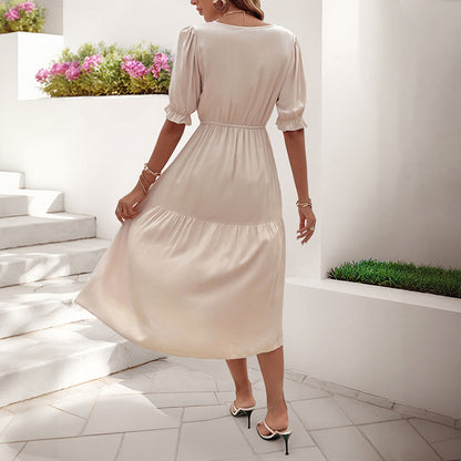 A-Line Tiered Midi Dress with V-Neck and Puff Sleeves