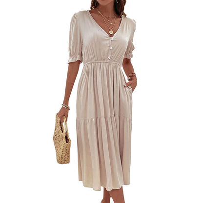 A-Line Tiered Midi Dress with V-Neck and Puff Sleeves