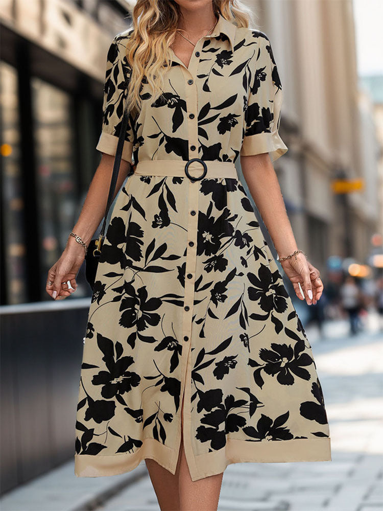 Floral Print Midi Shirt Dress with Belted Waist