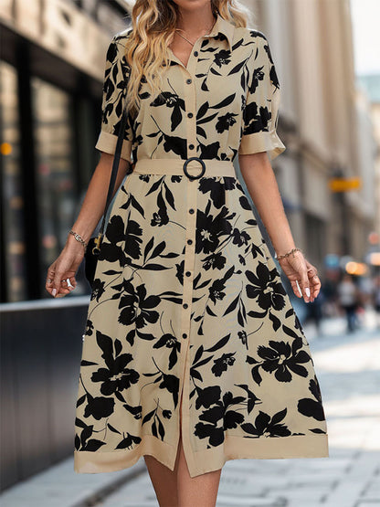 Floral Print Midi Shirt Dress with Belted Waist