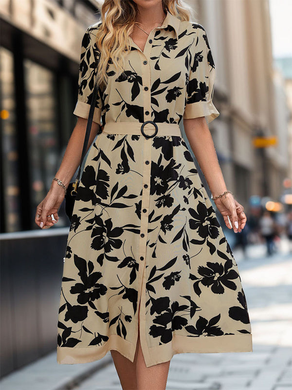 Floral Print Midi Shirt Dress with Belted Waist