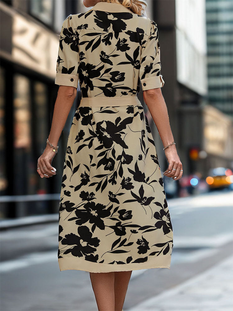 Floral Print Midi Shirt Dress with Belted Waist