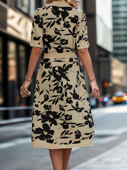 Floral Print Midi Shirt Dress with Belted Waist