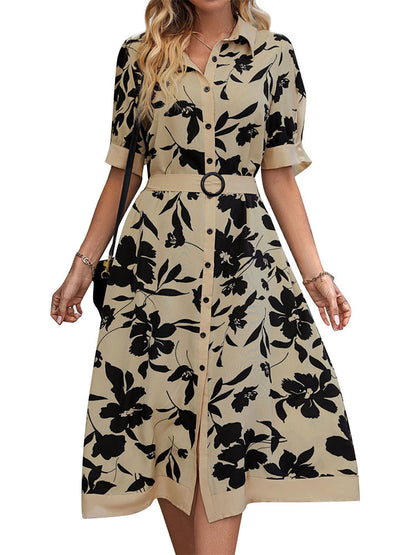 Floral Print Midi Shirt Dress with Belted Waist