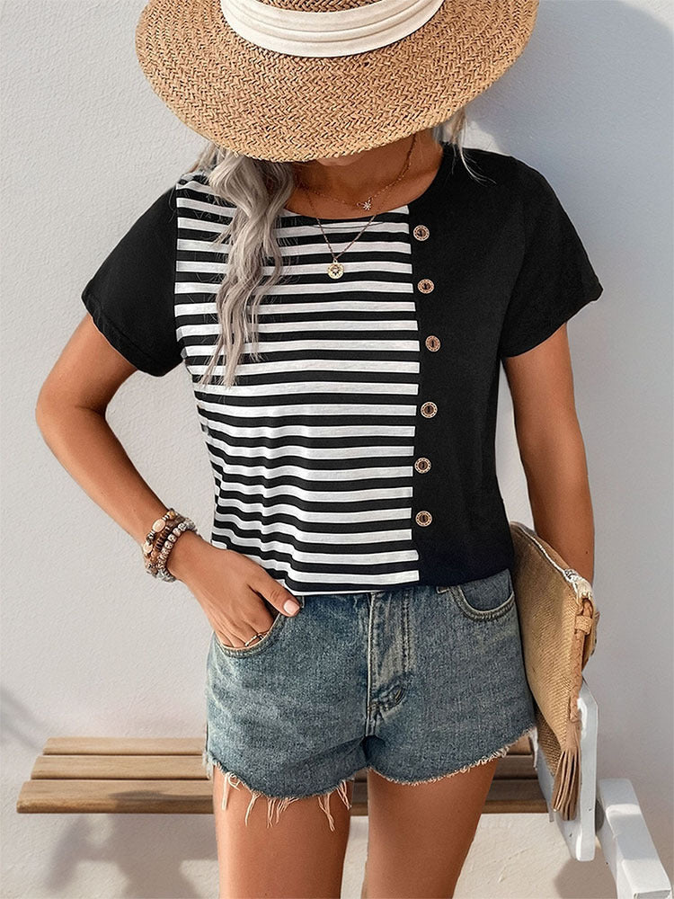 Striped Patchwork T-Shirt with Button Detail