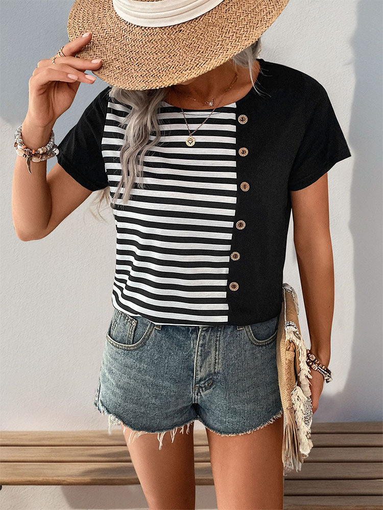 Striped Patchwork T-Shirt with Button Detail
