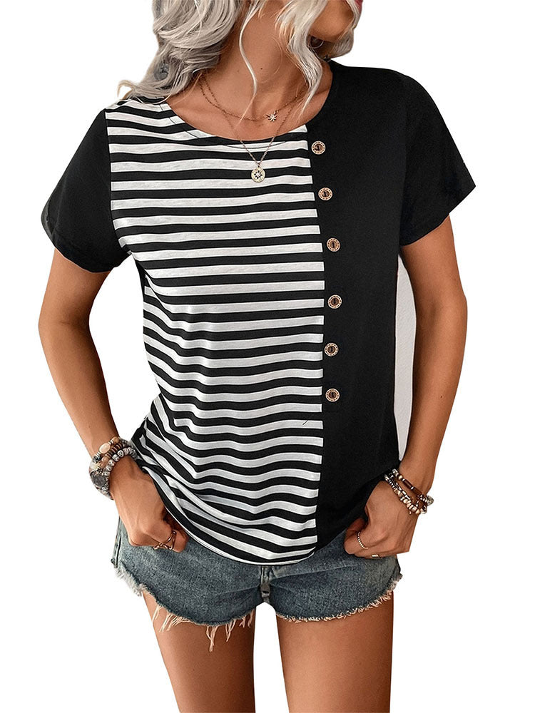 Striped Patchwork T-Shirt with Button Detail