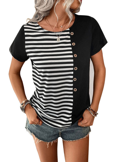 Striped Patchwork T-Shirt with Button Detail
