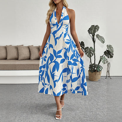 Leaf Print Halter Midi Dress with Side Slit