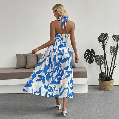 Leaf Print Halter Midi Dress with Side Slit