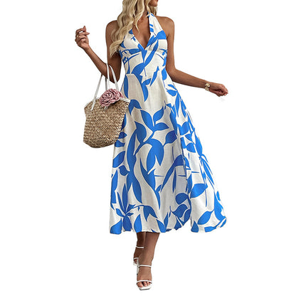 Leaf Print Halter Midi Dress with Side Slit