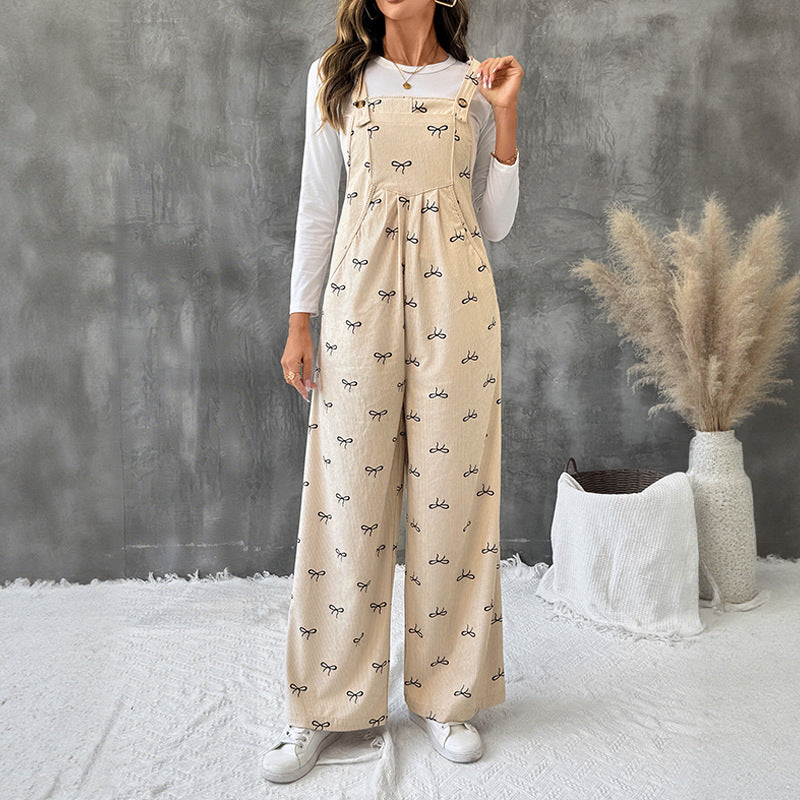 Wide-Leg Corduroy Overalls with Allover Bow Print
