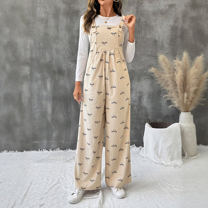 Wide-Leg Corduroy Overalls with Allover Bow Print