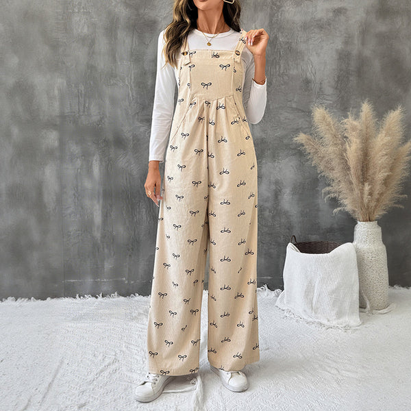 Wide-Leg Corduroy Overalls with Allover Bow Print