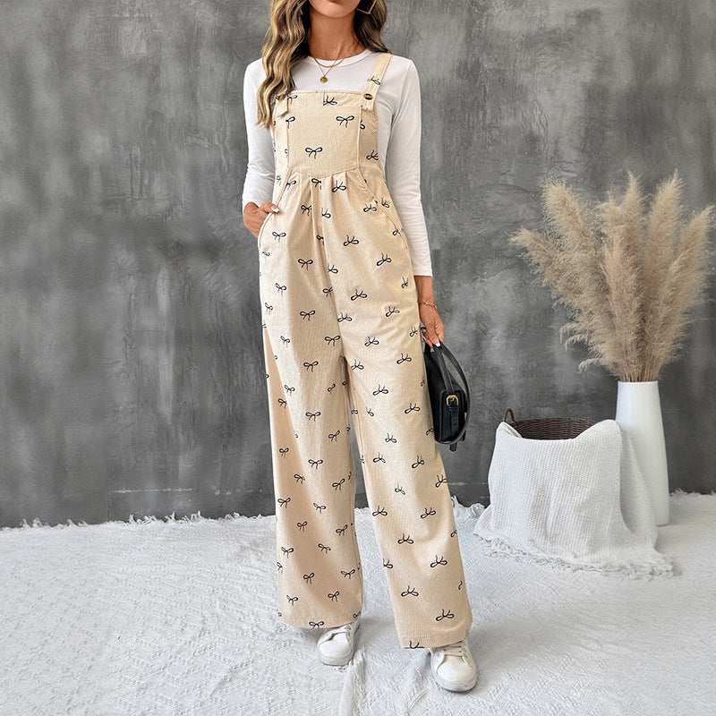 Wide-Leg Corduroy Overalls with Allover Bow Print