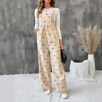 Wide-Leg Corduroy Overalls with Allover Bow Print