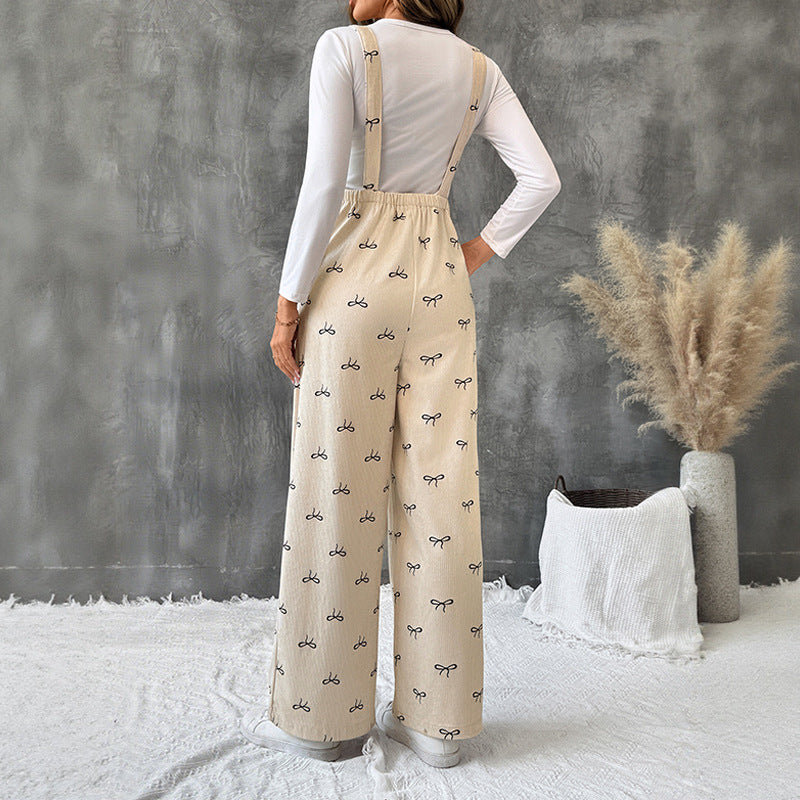 Wide-Leg Corduroy Overalls with Allover Bow Print