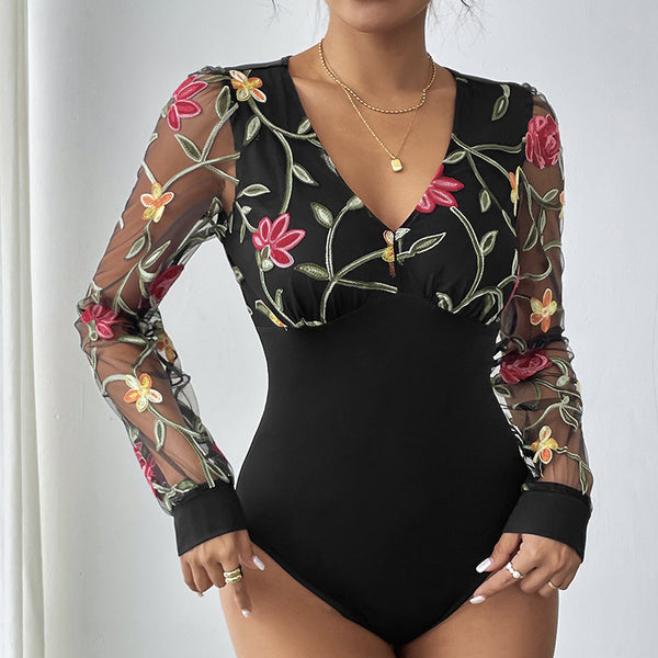 Floral Embroidered Bodysuit with Sheer Long Sleeves
