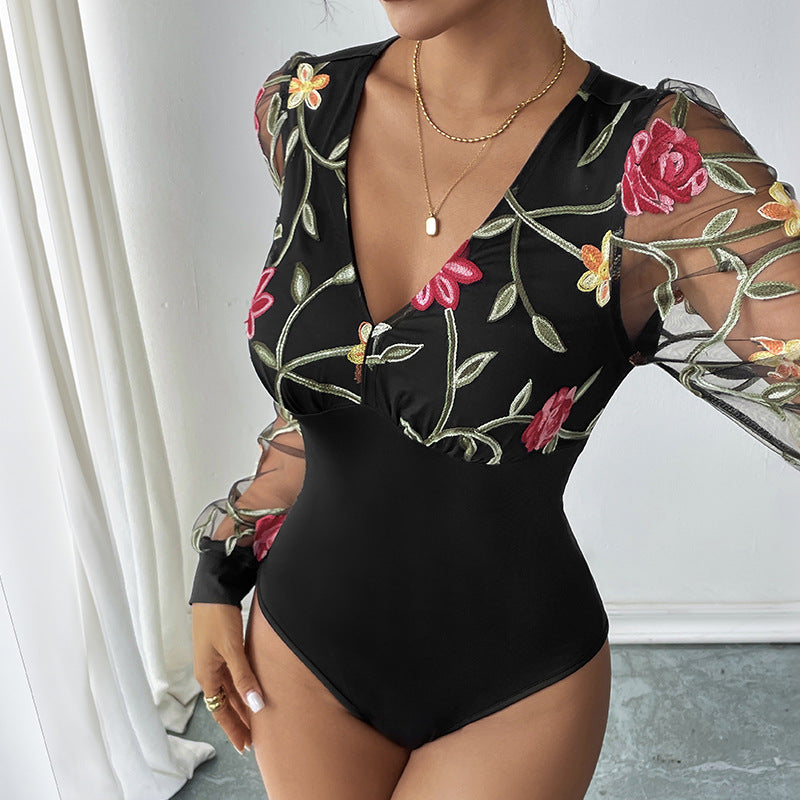 Floral Embroidered Bodysuit with Sheer Long Sleeves