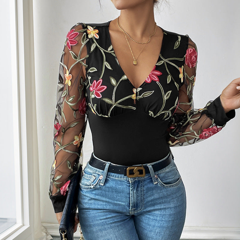 Floral Embroidered Bodysuit with Sheer Long Sleeves