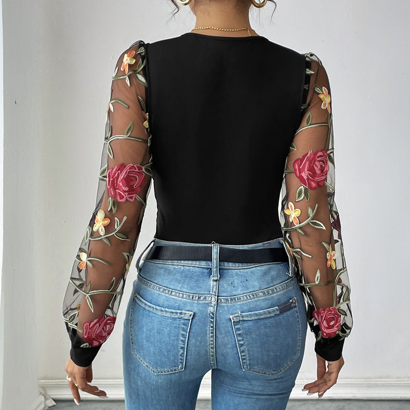 Floral Embroidered Bodysuit with Sheer Long Sleeves