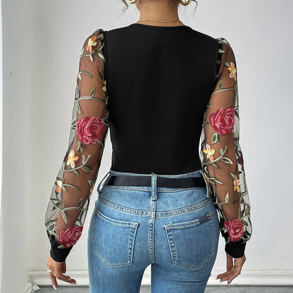 Floral Embroidered Bodysuit with Sheer Long Sleeves
