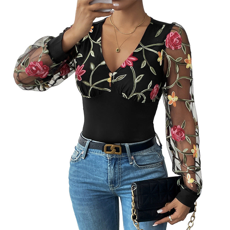 Floral Embroidered Bodysuit with Sheer Long Sleeves