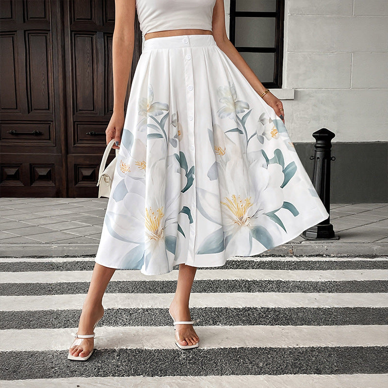 A-Line Floral Print Midi Skirt with Button Front