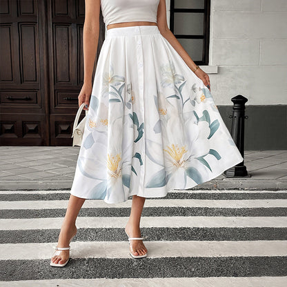 A-Line Floral Print Midi Skirt with Button Front