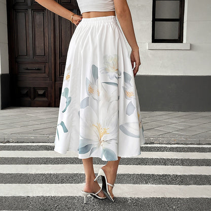A-Line Floral Print Midi Skirt with Button Front
