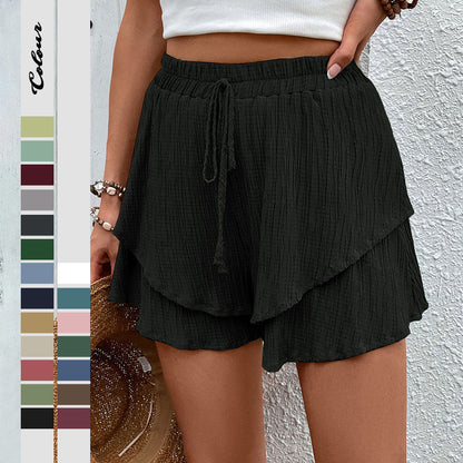 Textured Double-Layer Shorts with Drawstring High Waist