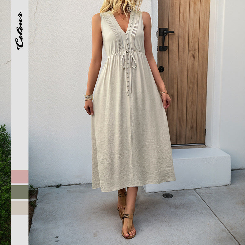 Solid A-Line Midi Dress with V-Neck and Tie Waist