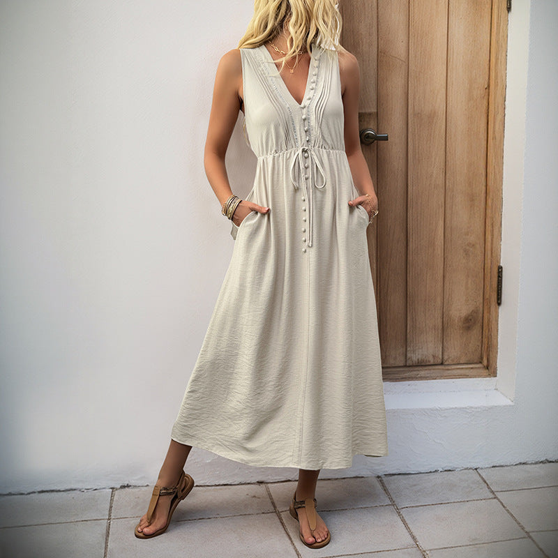 Solid A-Line Midi Dress with V-Neck and Tie Waist