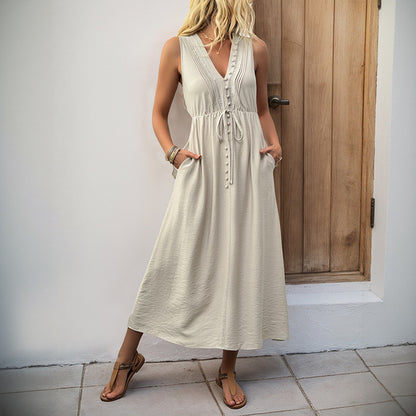 Solid A-Line Midi Dress with V-Neck and Tie Waist