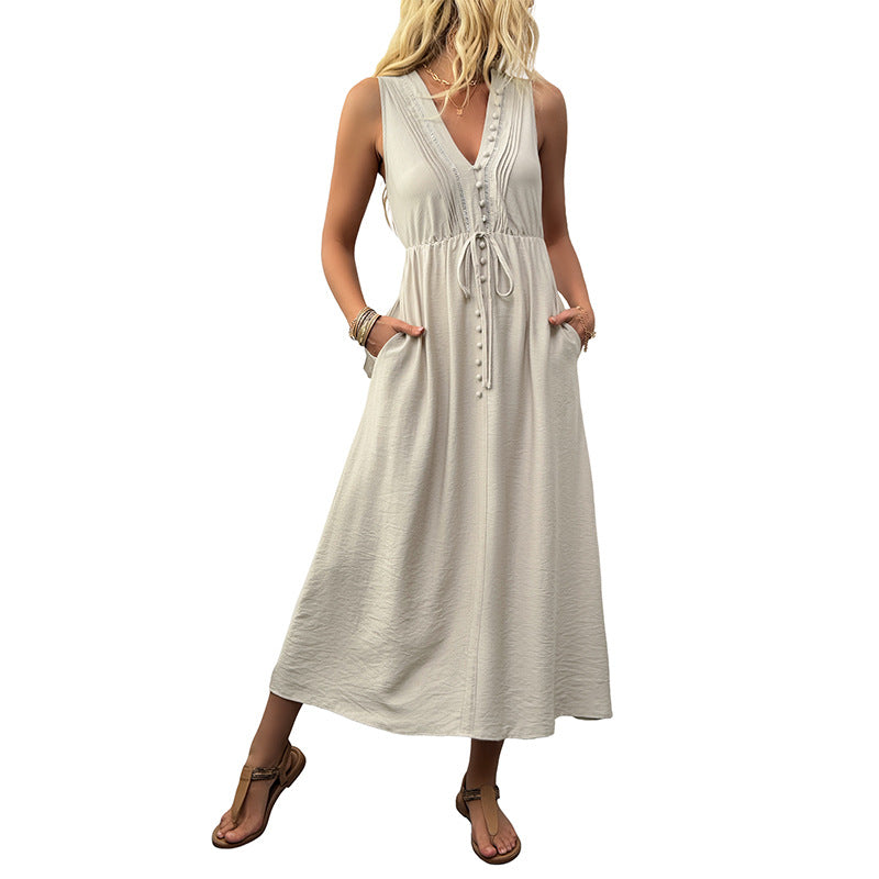 Solid A-Line Midi Dress with V-Neck and Tie Waist