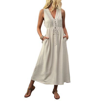 Solid A-Line Midi Dress with V-Neck and Tie Waist