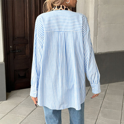 Oversized Striped Button-Down Shirt with Floral & Leopard Print