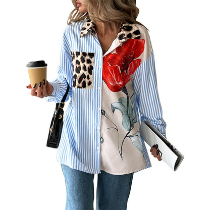 Oversized Striped Button-Down Shirt with Floral & Leopard Print