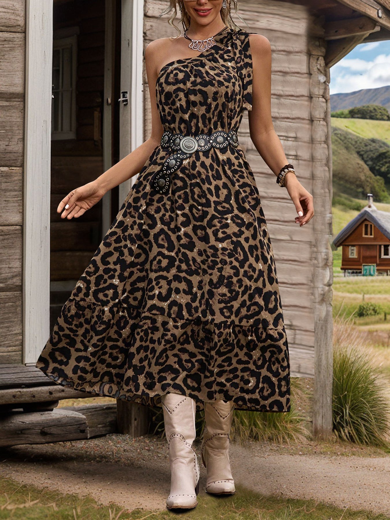 Leopard Print A-Line Midi Dress with One-Shoulder