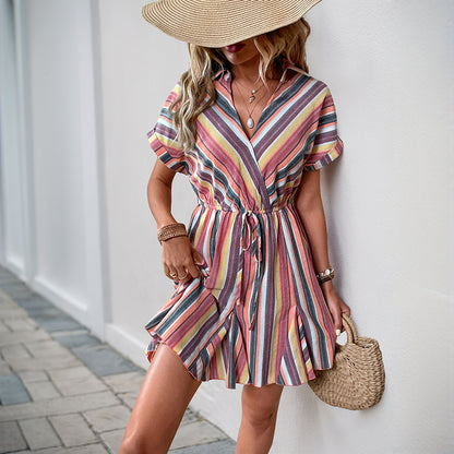 Striped Wrap Mini Dress with Shirt Collar and Tie-Waist