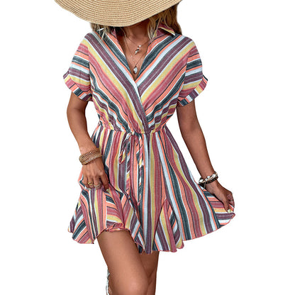 Striped Wrap Mini Dress with Shirt Collar and Tie-Waist